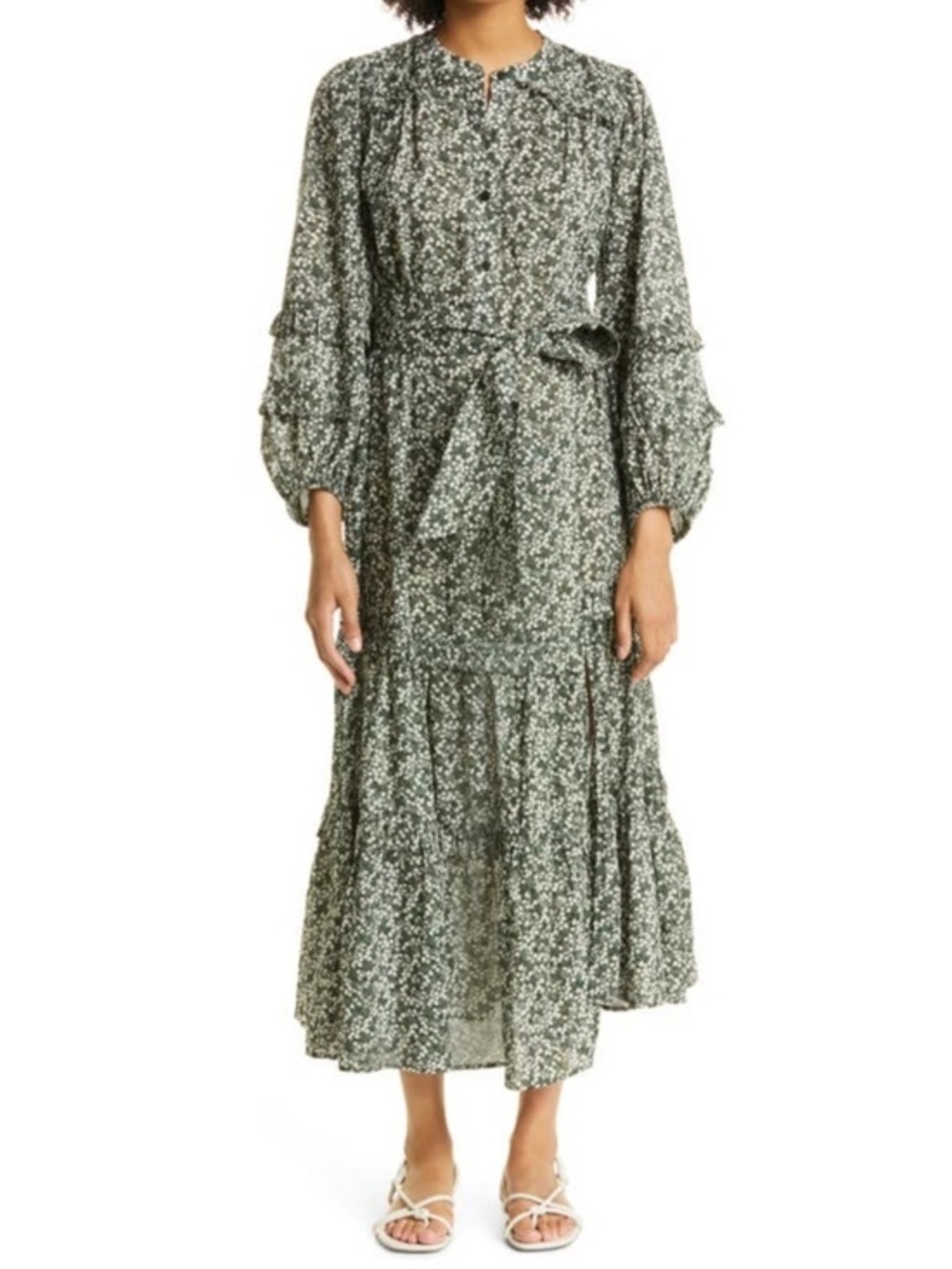 Apiece Apart Gracia Flamenca Tiered Long Sleeve Maxi Dress In Deep Sage Size L